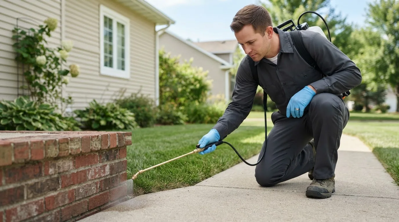 Pest control technician treating a home near Saint David, AZ